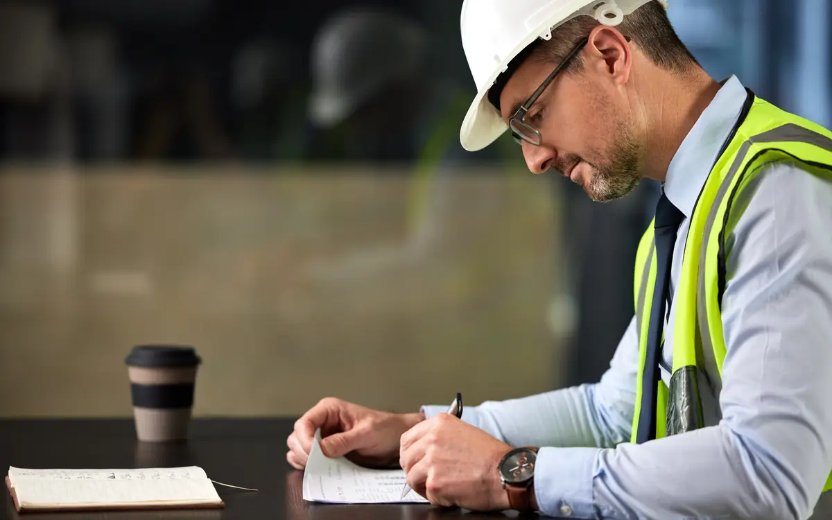 Specialist in a helmet and vest filling in documents at a desk
