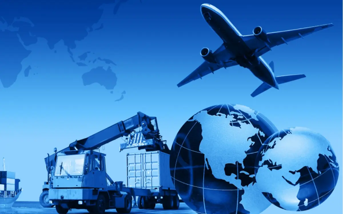 Blue-toned graphic montage with a globe, aircraft, crane and container